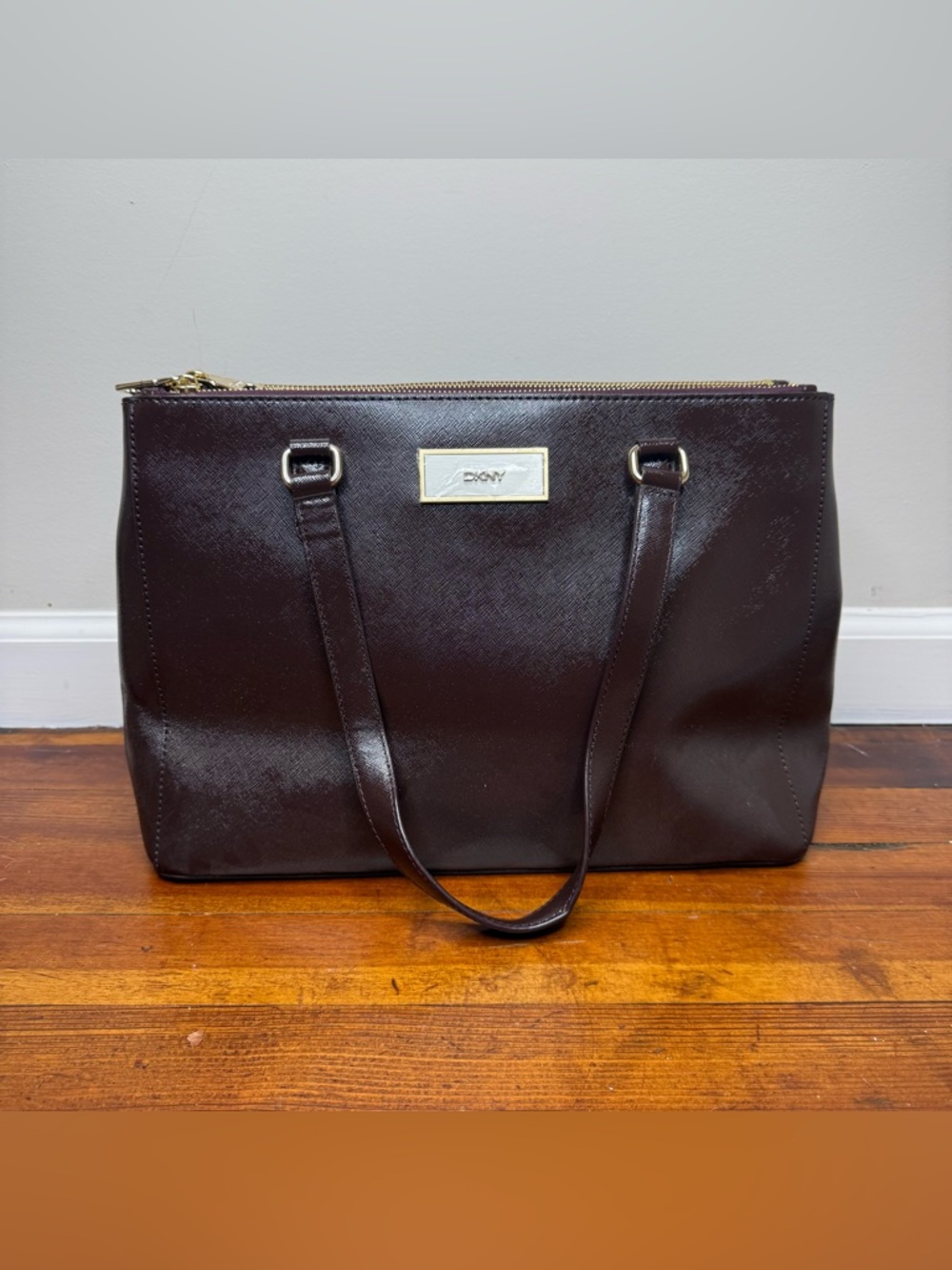 DKNY Dark Brown Leather Tote with Gold Plate